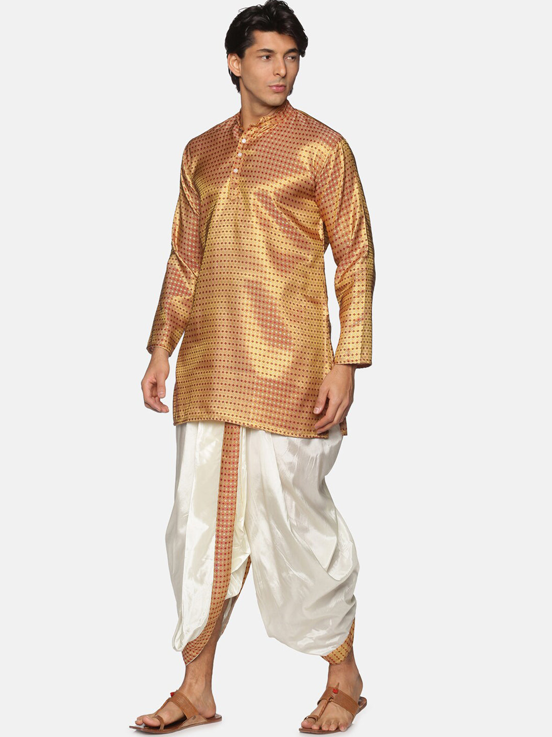 Sethukrishna Men Gold-Toned Striped Kurta with Dhoti Pants | Grocsy