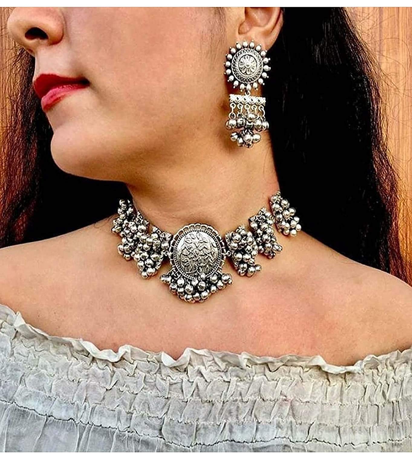 Silver-Plated Alloy Designer Round Motif Oxidised Necklace - The Pari | Grocsy