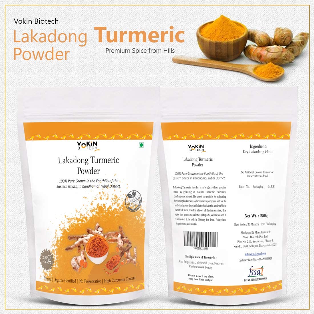 Vokin Biotech Lakadong Turmeric Powder | High Curcumin Content 7-9% Haldi Powder | Immunity Booster | Grocsy