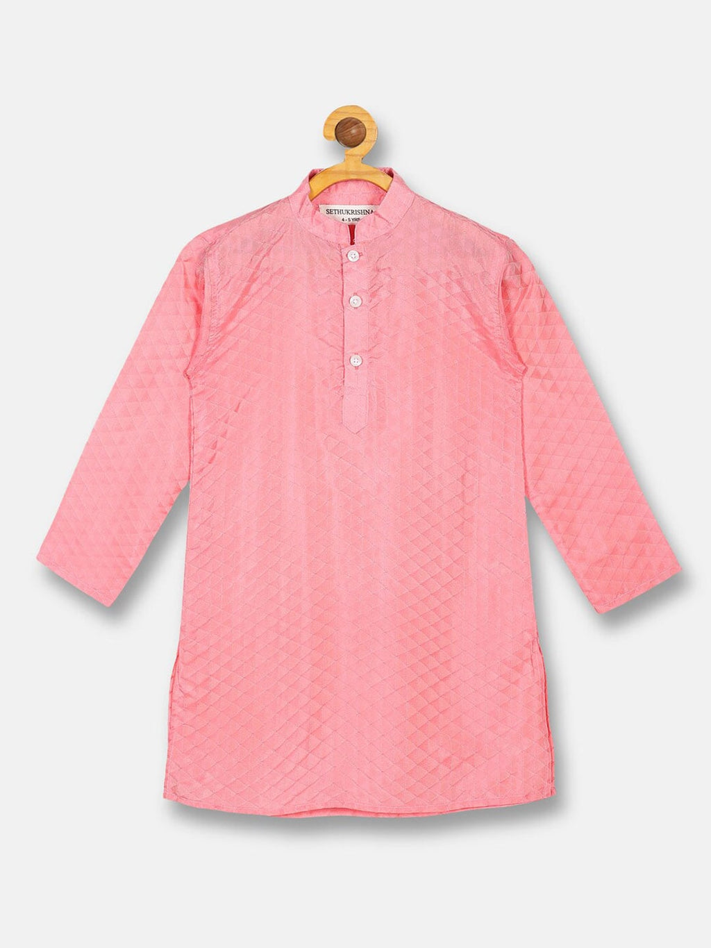 Sethukrishna Boys Pink Self Design Jacquard Art Silk Kurta with Pyjamas | Grocsy