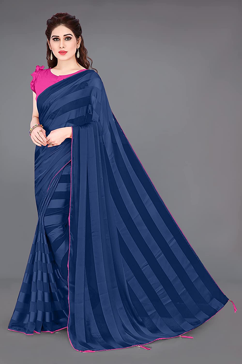 Mirchi Fashion Women'S Georgette Shiny Satin Stripes Laining Pattern Saree | Grocsy