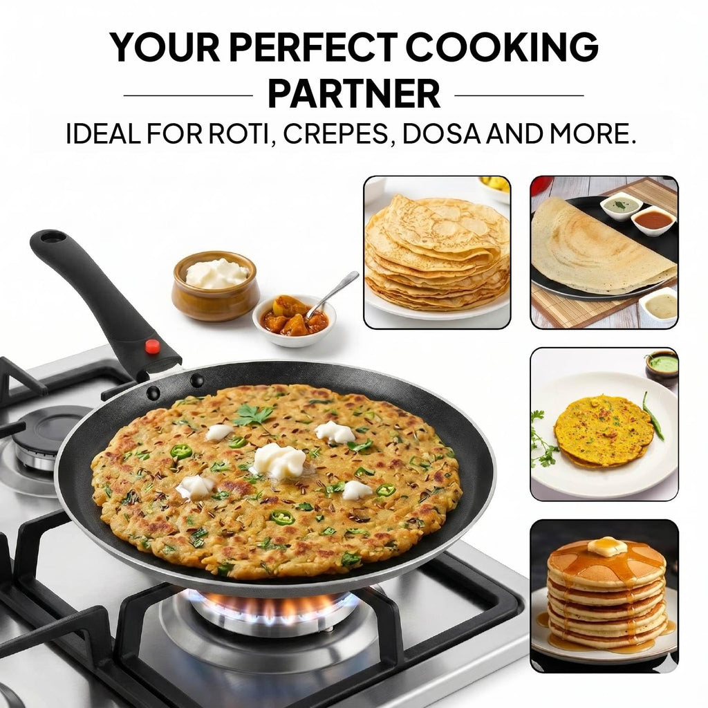 CELLO Aluminium Non-Stick Induction Base Dosa Tawa with Detachable Bakelite Handle 28 CM Black | Grocsy
