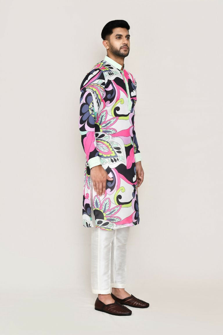 Joban Fashion Printed Colored Satin Silk Fabric Kurta With Straight Fit Pant | Grocsy