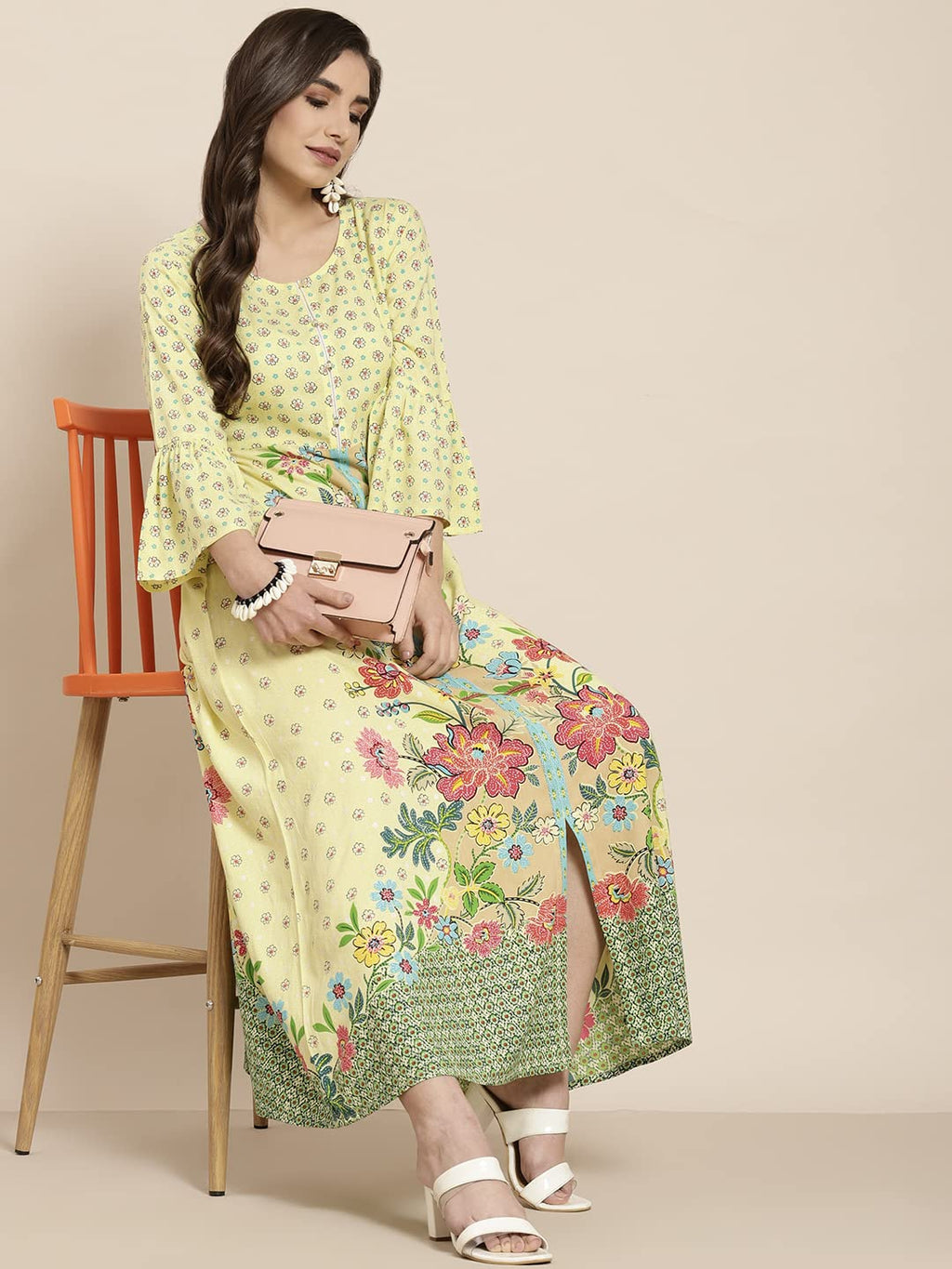 Juniper Women's Lime Floral Printed Rayon Kurta With Buttons Closure At Back | Grocsy