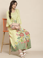 Juniper Women's Lime Floral Printed Rayon Kurta With Buttons Closure At Back | Grocsy