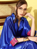 InWeave Women's Blue Pink Brocade Satin Boho Kurta Palazzo Set | Grocsy