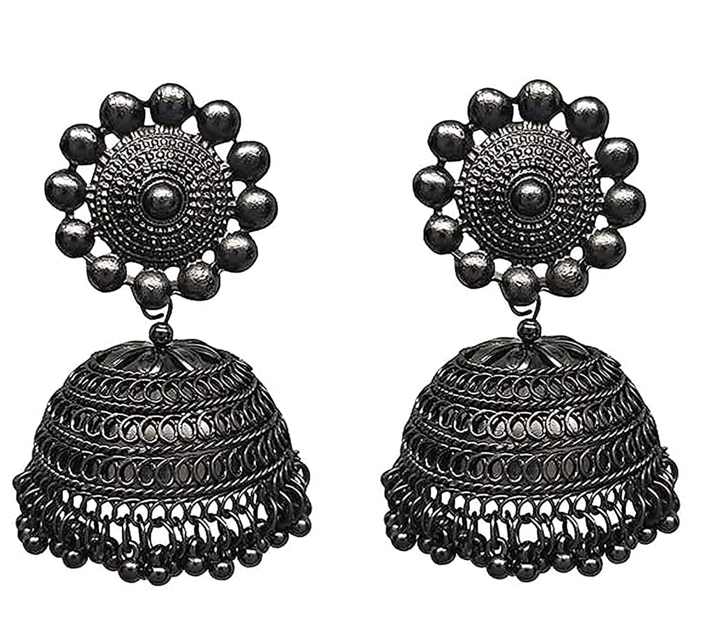 Rhodium-Plated Alloy Black Metallic Jhumki Earrings - The Pari