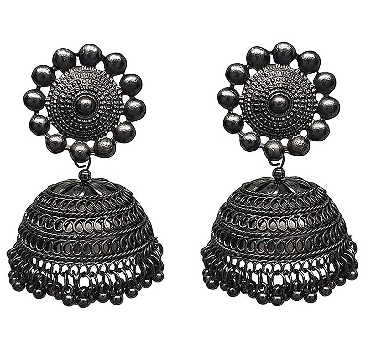 Rhodium-Plated Alloy Black Metallic Jhumki Earrings - The Pari