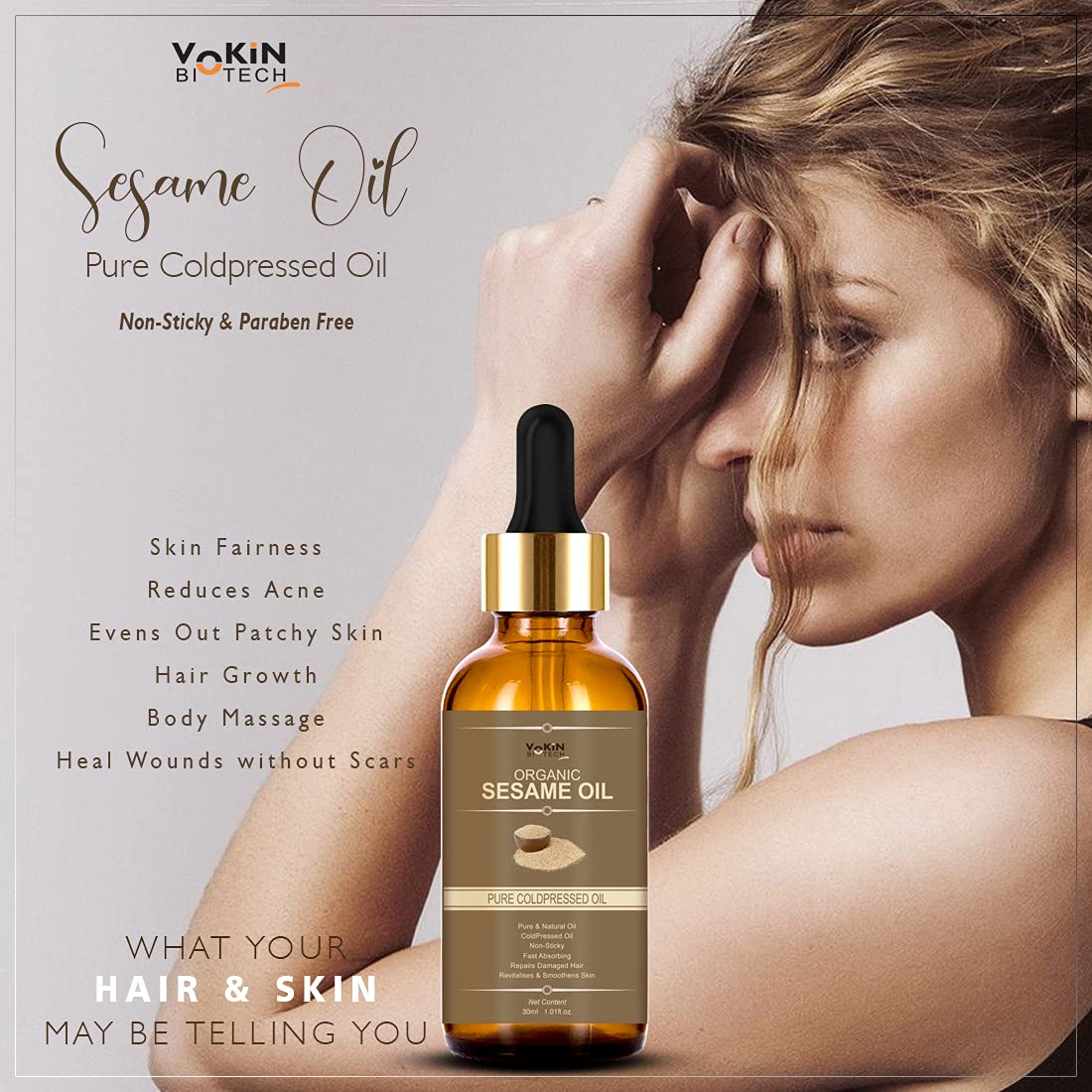 Vokin Biotech Organic Sesame Pure Cold Pressed Oil For Hair, Body, Skin Care, Massage, | Grocsy