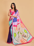 Sangria Pink & Blue Abstract Printed Satin Saree | Grocsy