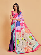 Sangria Pink & Blue Abstract Printed Satin Saree | Grocsy