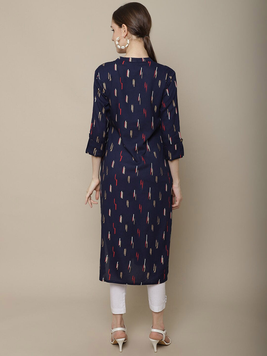 Sangria Women Navy Blue & Red Pure Cotton Geometric Printed Kurta | Grocsy