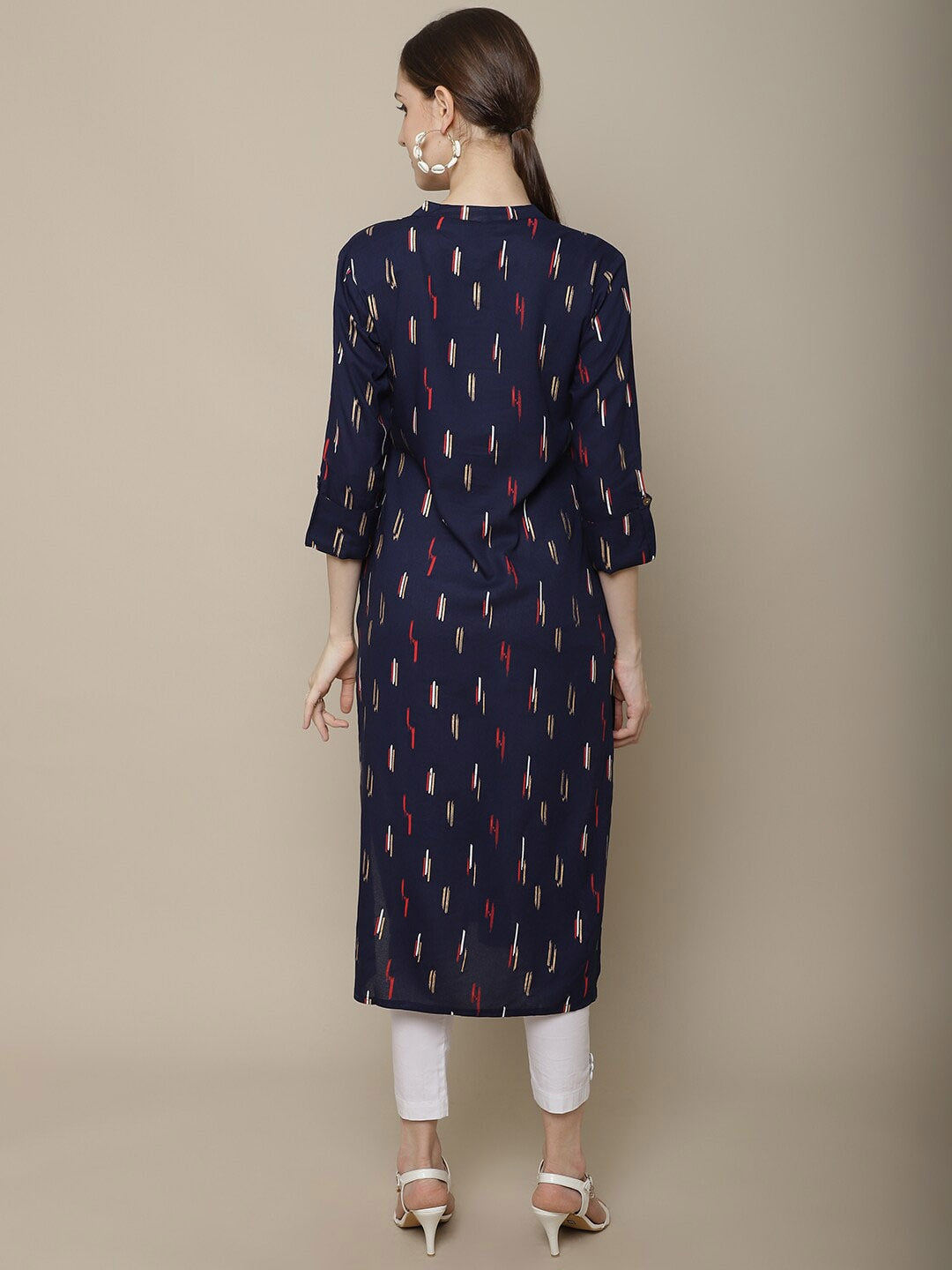 Sangria Women Navy Blue & Red Pure Cotton Geometric Printed Kurta | Grocsy