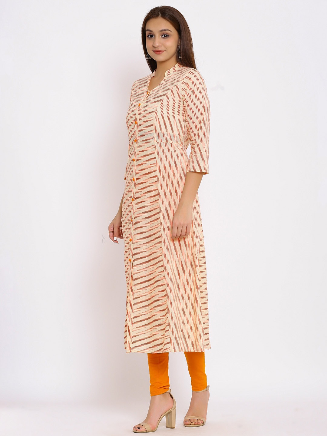 HERE&NOW Orange Mandarin Collar Striped A-Line Kurta | Grocsy