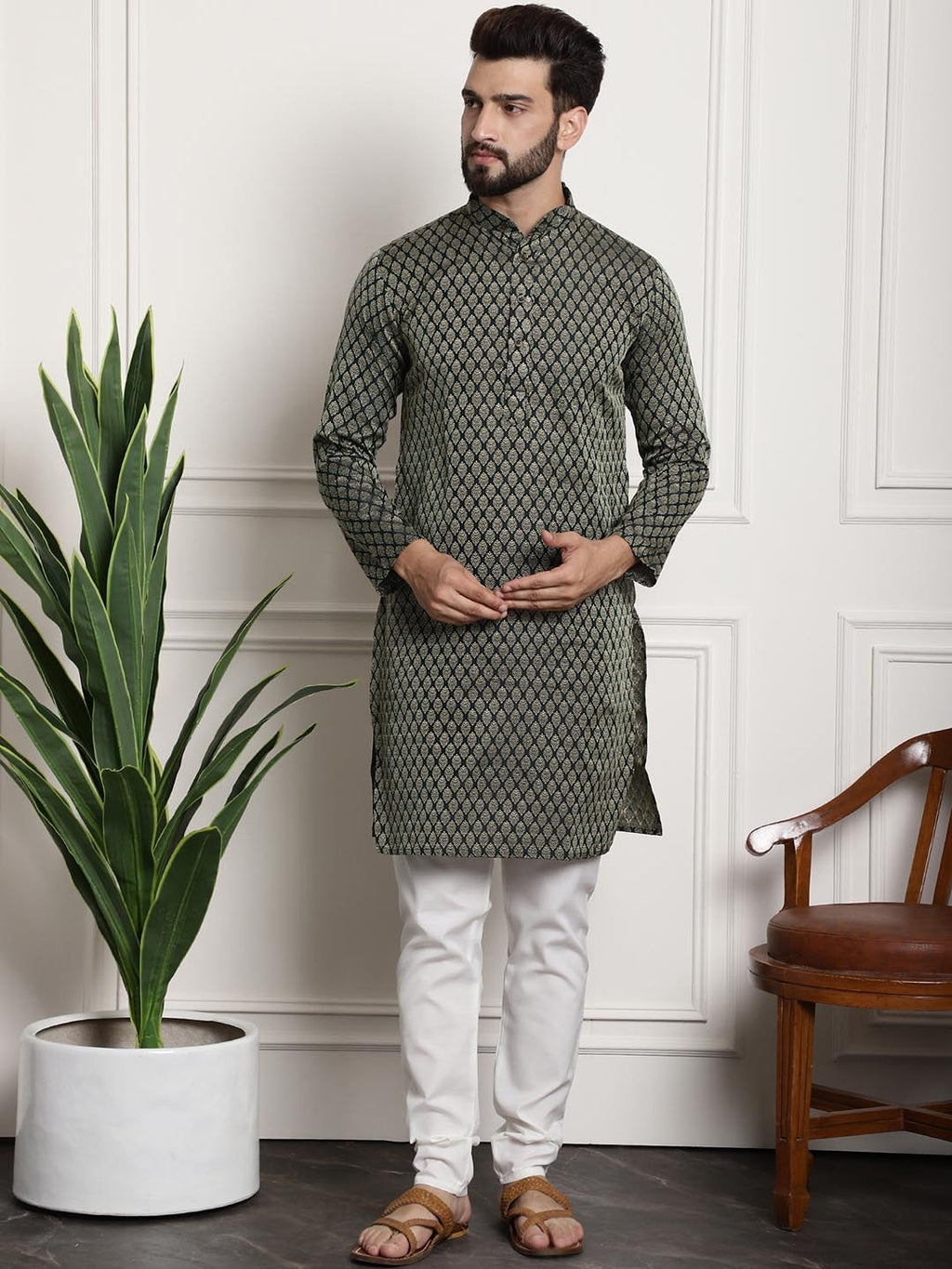 Sojanya Men Green Ethnic Motifs Kurta with Churidar with Nehru Jacket | Grocsy