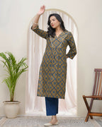 Vaasva Blue Ajrakh Cotton Printed Gathered Kurti With Pant | Grocsy