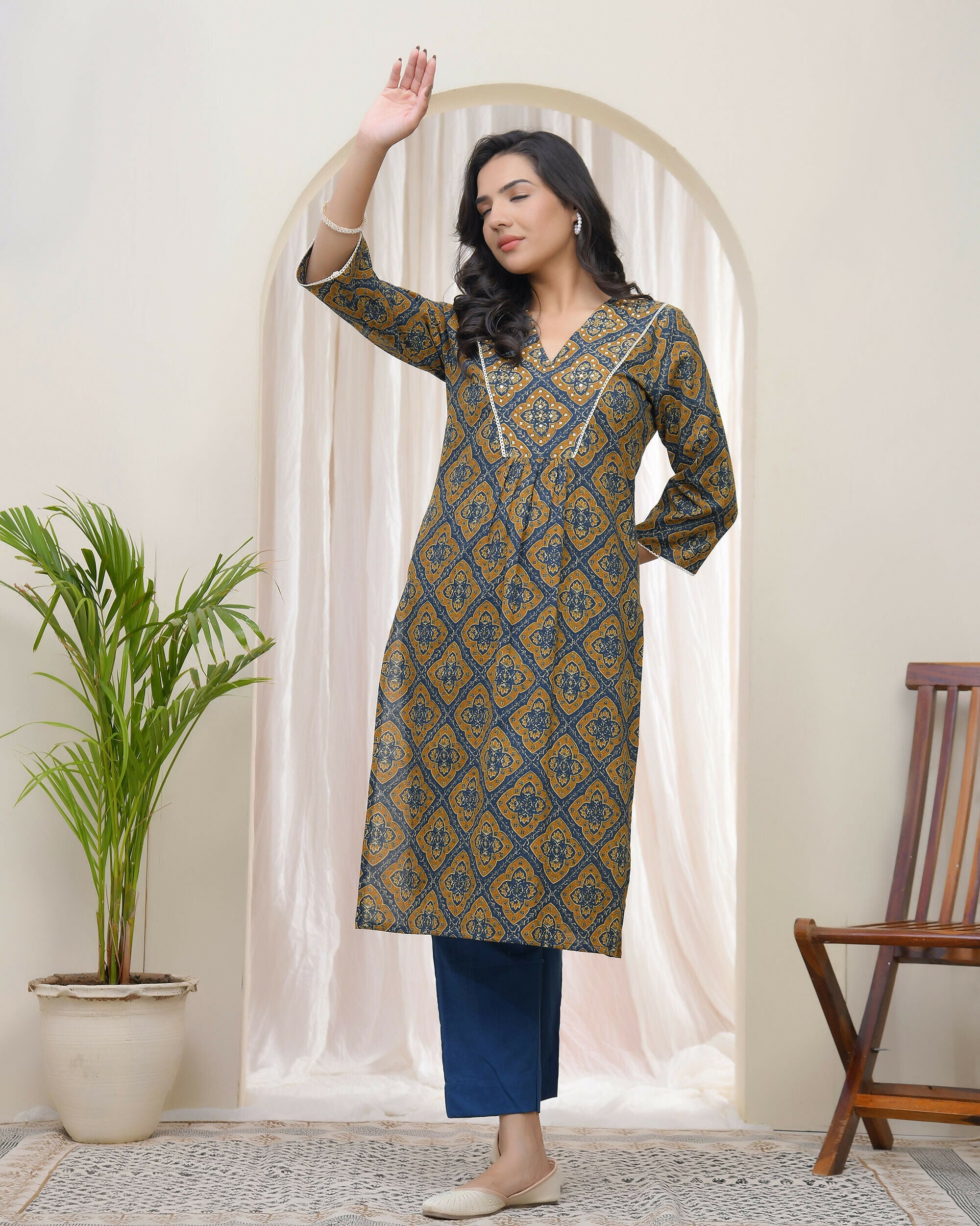 Vaasva Blue Ajrakh Cotton Printed Gathered Kurti With Pant | Grocsy