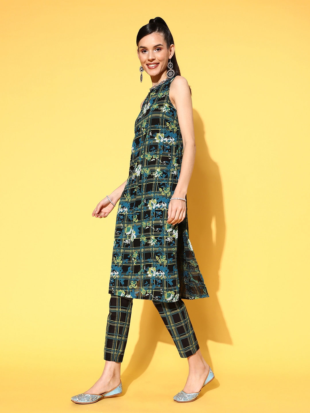 Sangria Women Ink Black Printed Parade Pure Cotton Kurta with Trousers | Grocsy