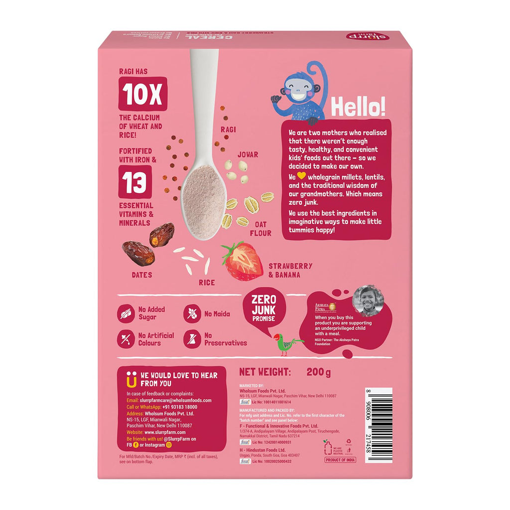 Slurrp Farm Instant Cereal With Ragi, Rice & Strawberry with Milk | Grocsy
