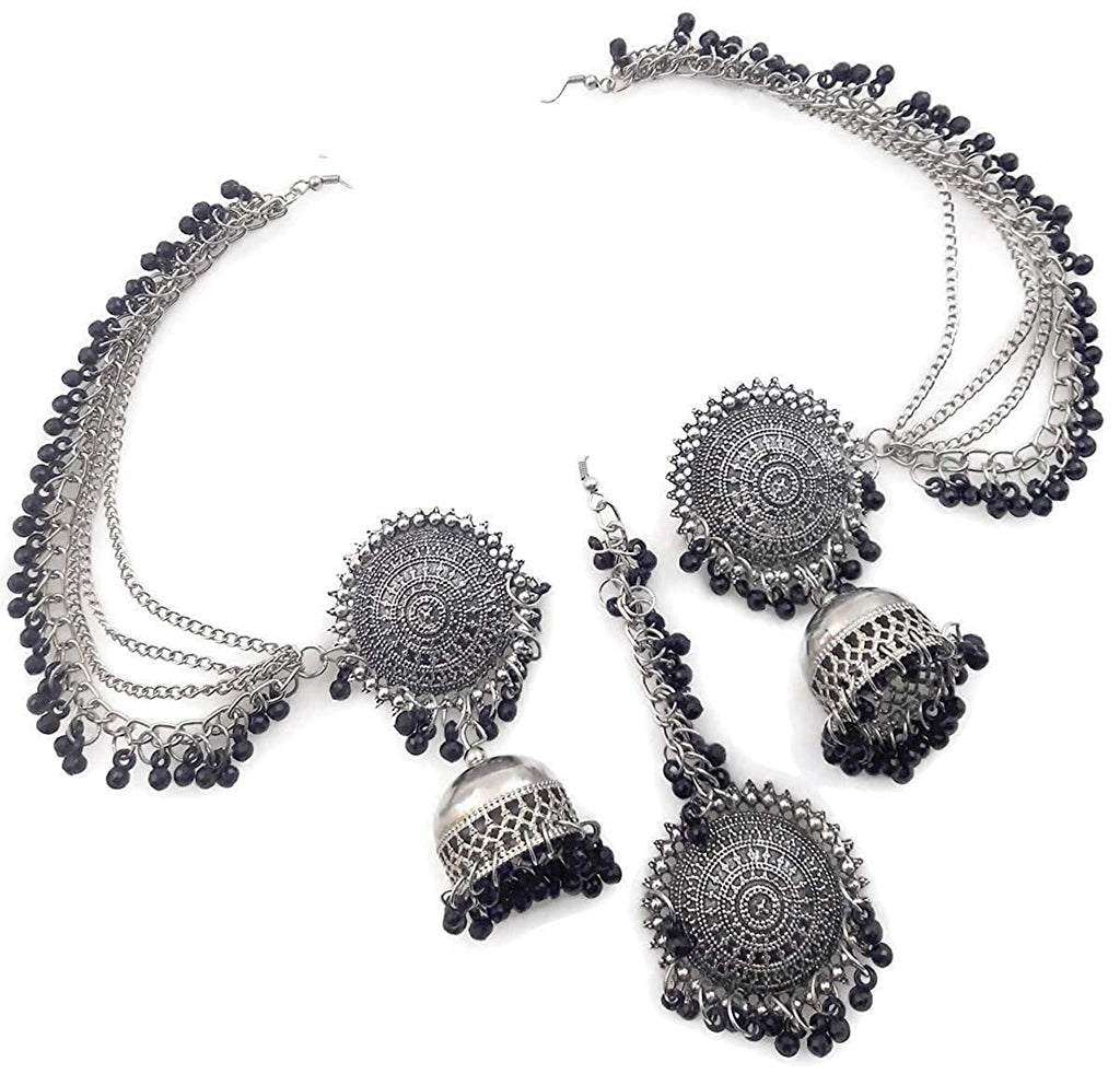 Silver-Plated Alloy Silver Black Earrings With Hair Extension - The Pari