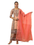 Juniper Women's Peach Ethnic Motif Printed Pure Cotton Kurta Palazzos & Kota Doria Dupatta With Beads & Sequins | Grocsy