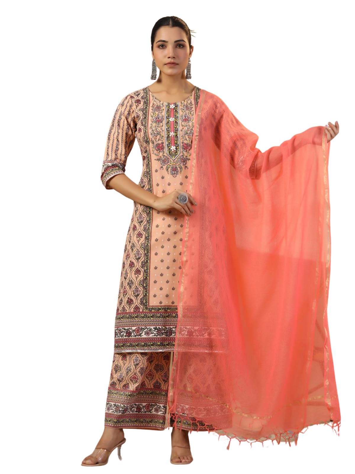 Juniper Women's Peach Ethnic Motif Printed Pure Cotton Kurta Palazzos & Kota Doria Dupatta With Beads & Sequins | Grocsy