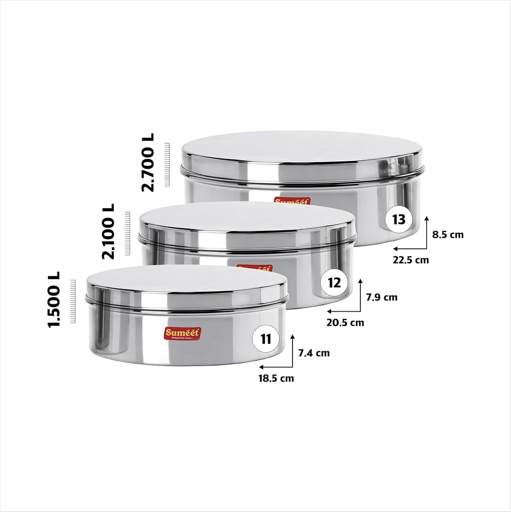 Sumeet Stainless Steel Flat Canisters/Storage Containers Set Of 3Pcs (1.5Ltr,2.1Ltr,2.7Ltr) | Grocsy