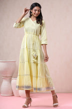 Juniper Women's Yellow Solid Pure Cotton Solid Tiered Maxi Dress With Gota Work Dori Tie-Up & Cushioned Tassels At Waist | Grocsy