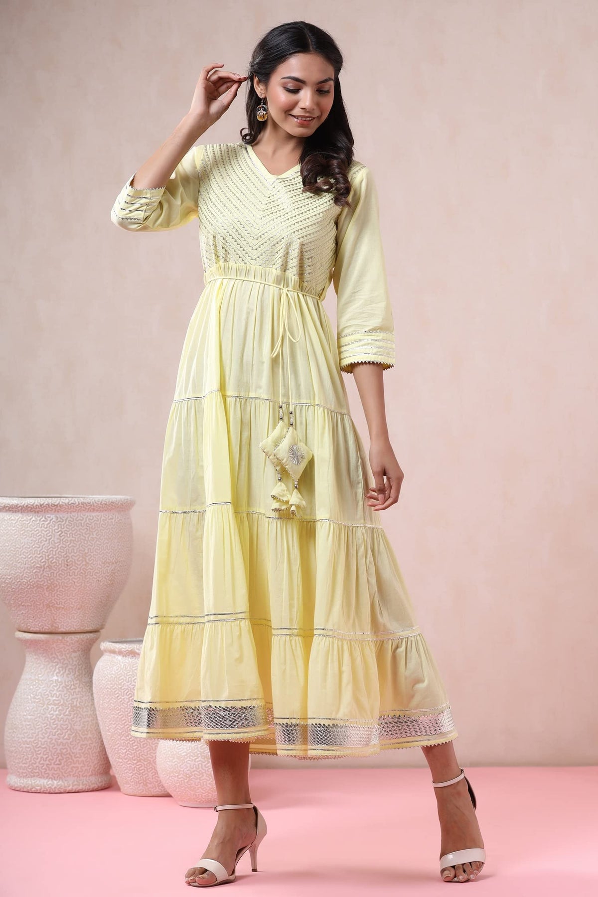 Juniper Women's Yellow Solid Pure Cotton Solid Tiered Maxi Dress With Gota Work Dori Tie-Up & Cushioned Tassels At Waist | Grocsy