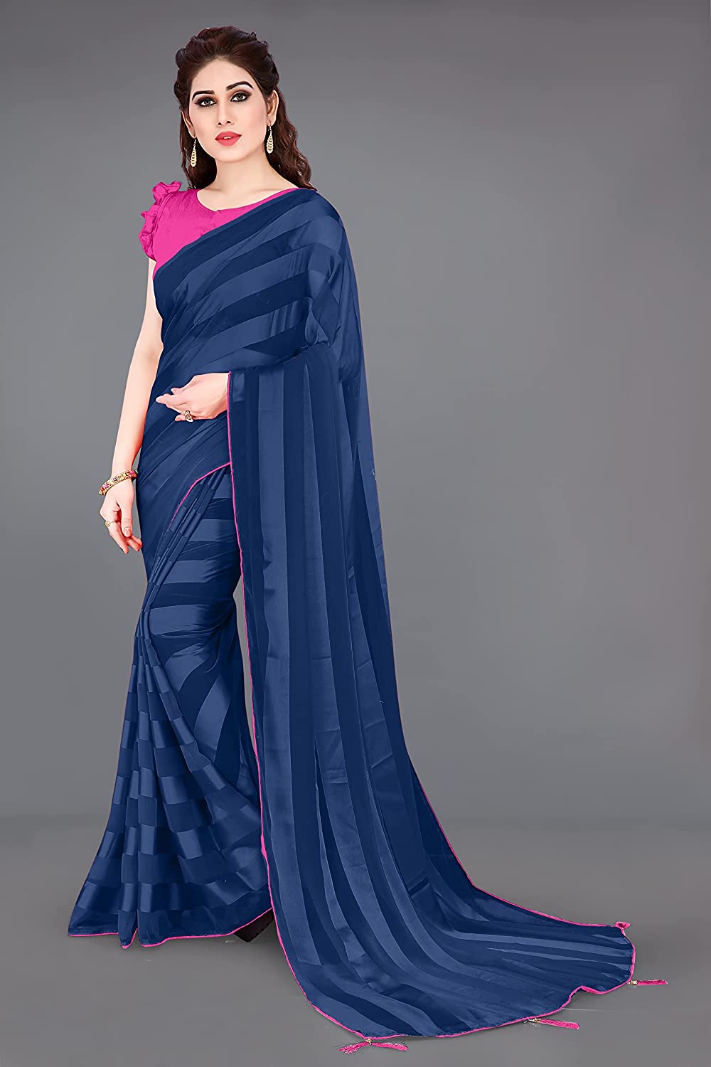 Mirchi Fashion Women'S Georgette Shiny Satin Stripes Laining Pattern Saree | Grocsy
