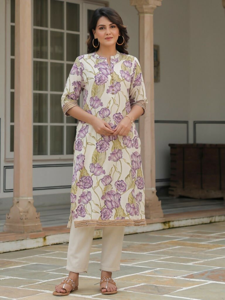Aramya Straight Linen Cotton Floral Print Women's Kurta - Off White | Grocsy