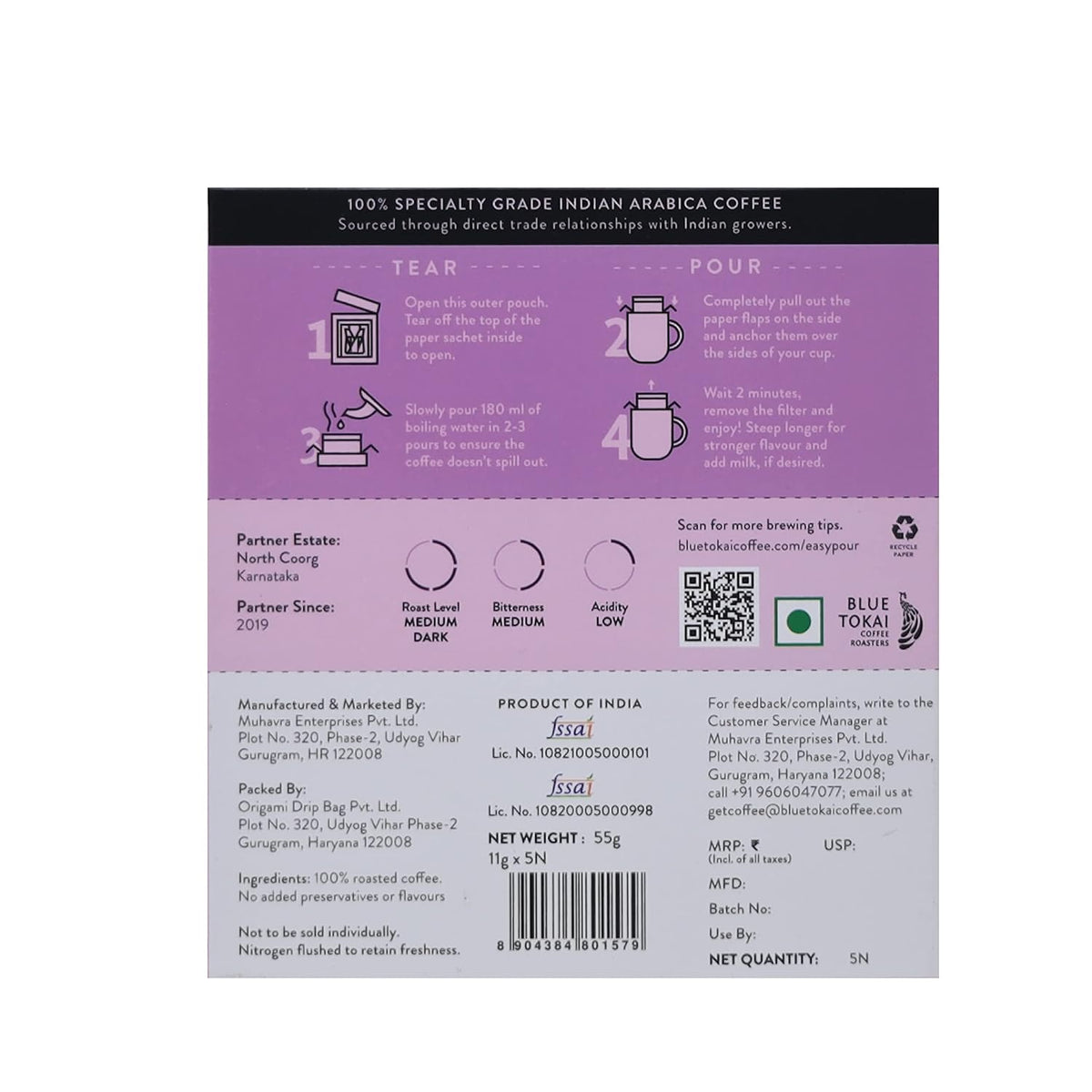 Blue Tokai Monsoon Malabar Medium-Dark Roast Easy Pour Sachets | Grocsy