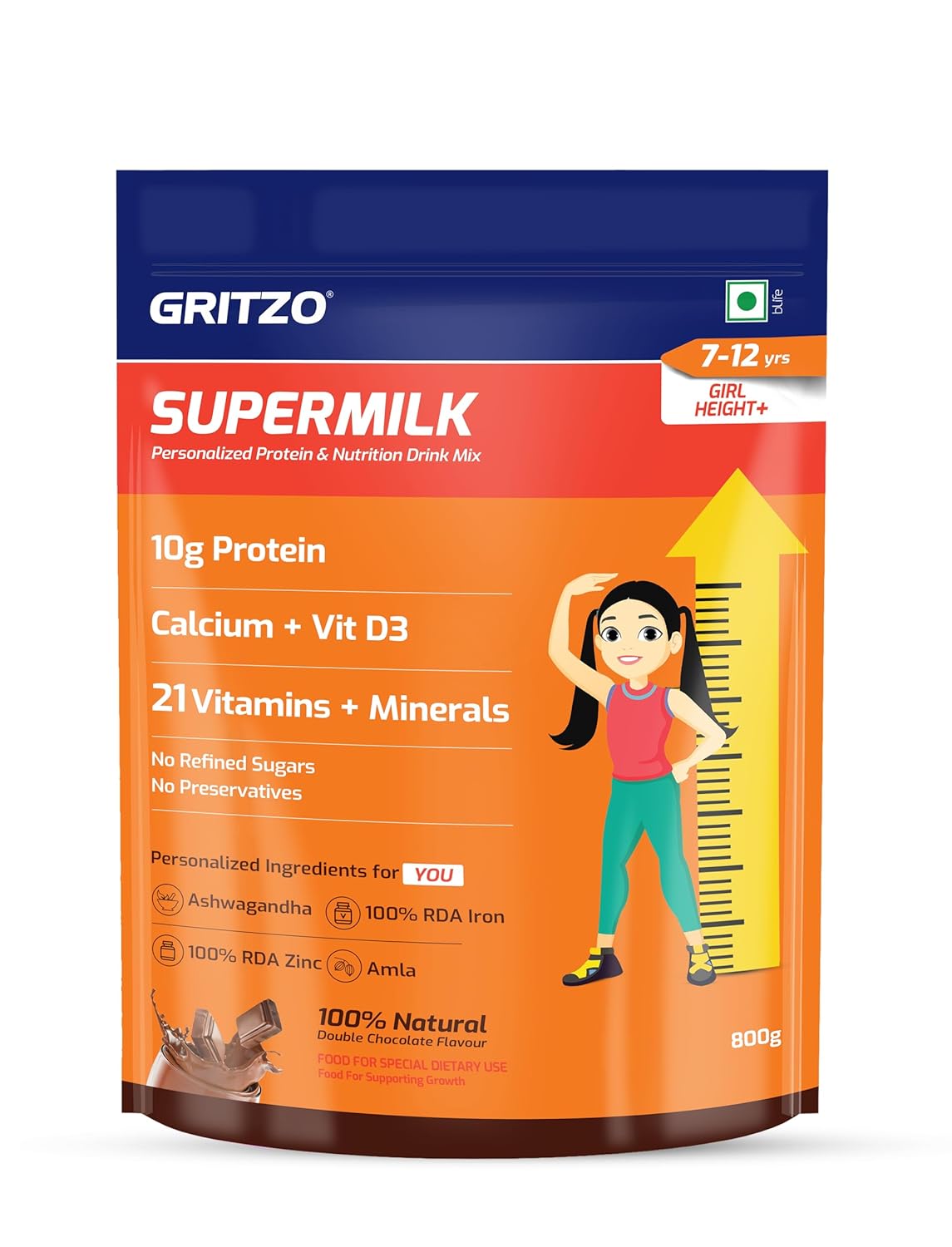 Gritzo SuperMilk Height+ Health Drink for 10-12y Girls - Double Chocolate Flavor | Grocsy