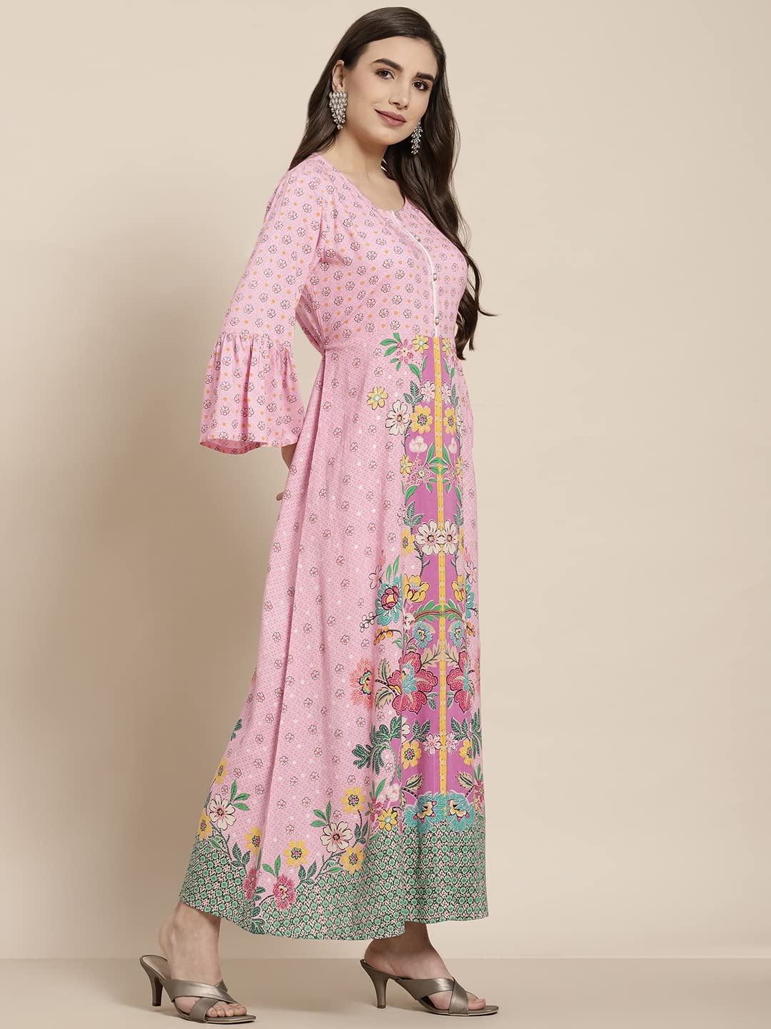 Juniper Women's Pink Floral Printed Rayon Kurta With Buttons Closure At Back | Grocsy