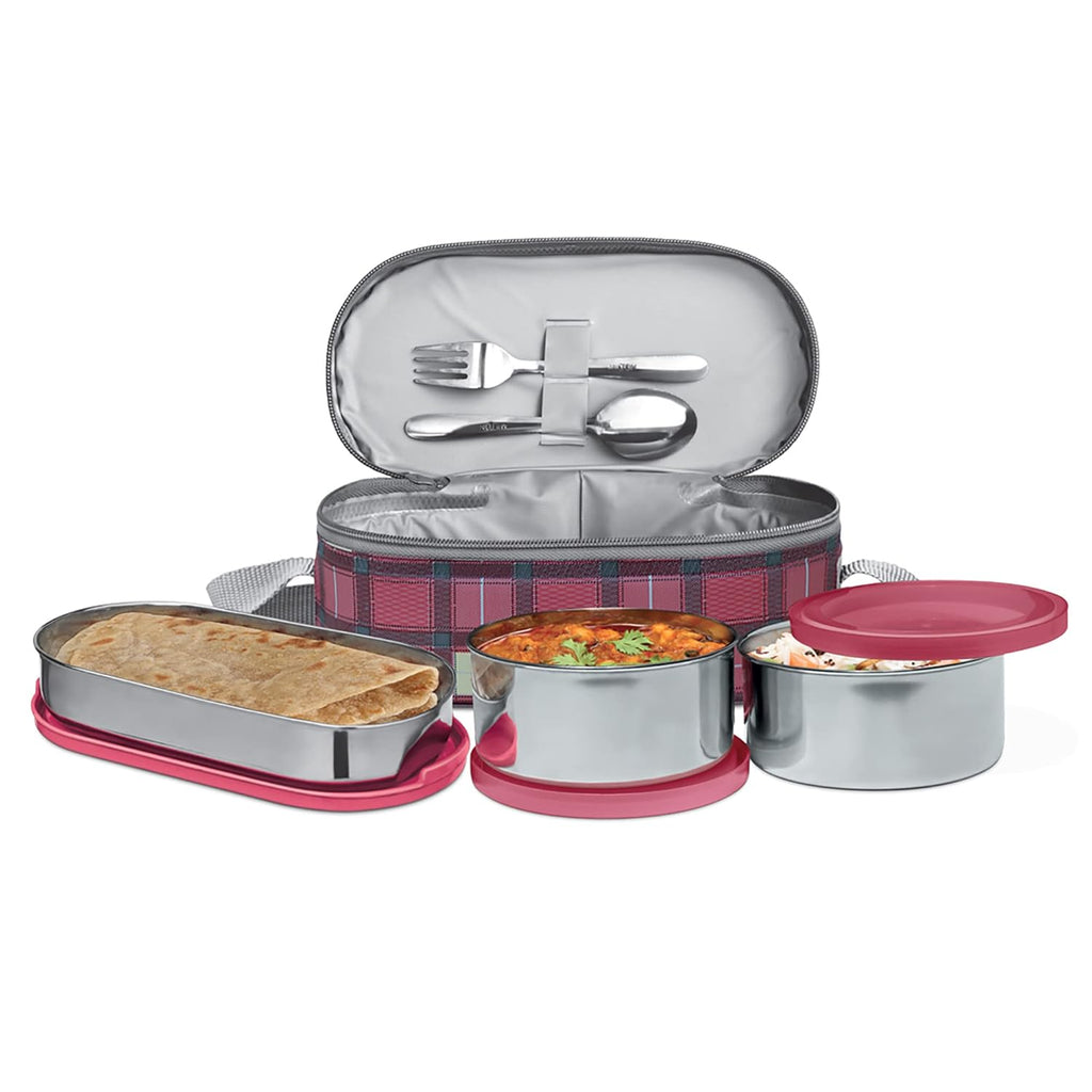 MILTON Corporate Lunch Stainless Steel Containers, Set of 3, (280 ml, 280 ml, 472 ml), Maroon | Grocsy