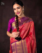 DEIANA'S Beautiful Designer Golden zari Soft Lichi Silk Saree - Red | Grocsy