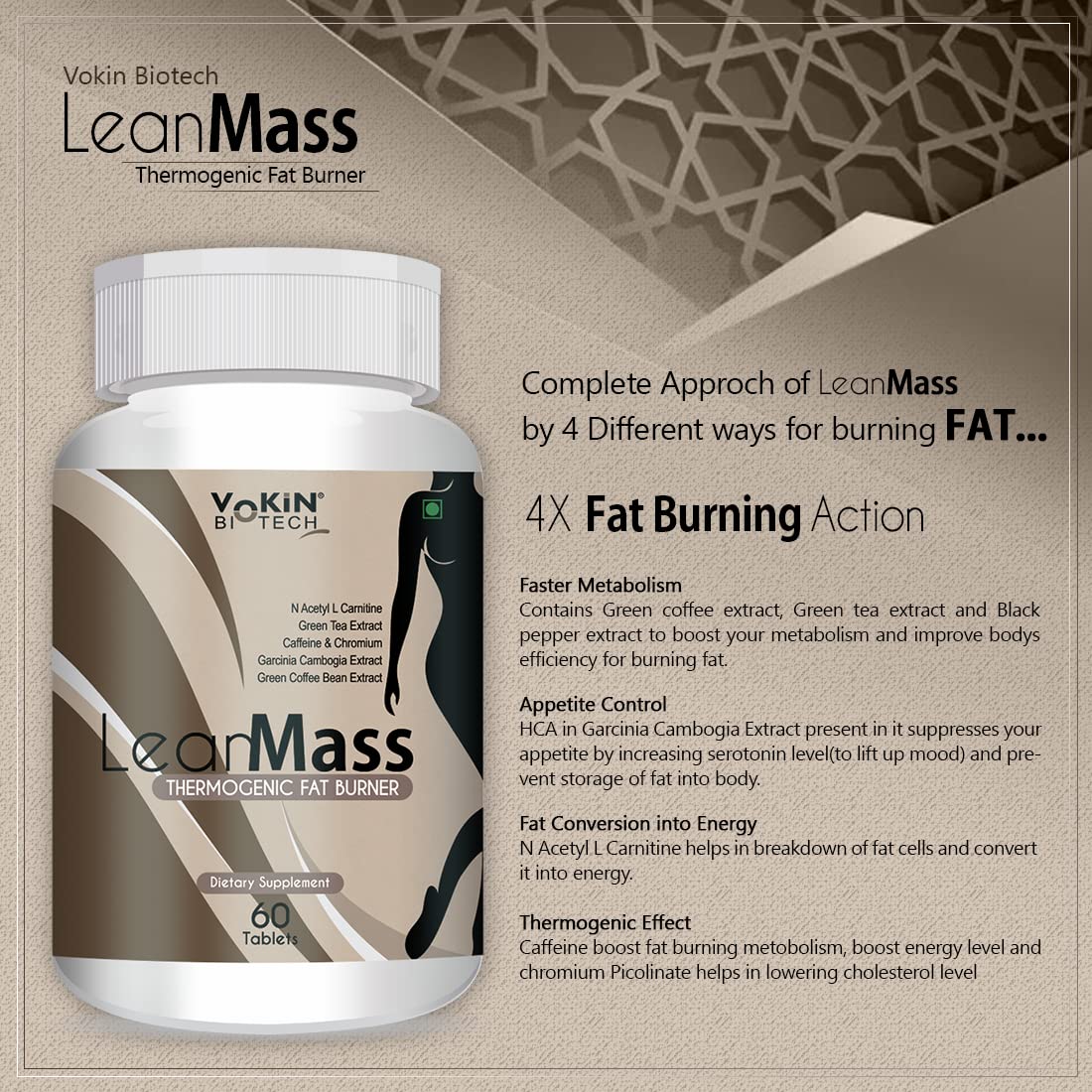 Vokin Biotech Lean Mass Thermogenic Fat Burner with Green tea Extract, N Acetyl L Carnitine, Garcinia Cambogia Weight loss product for Men & Women | Grocsy