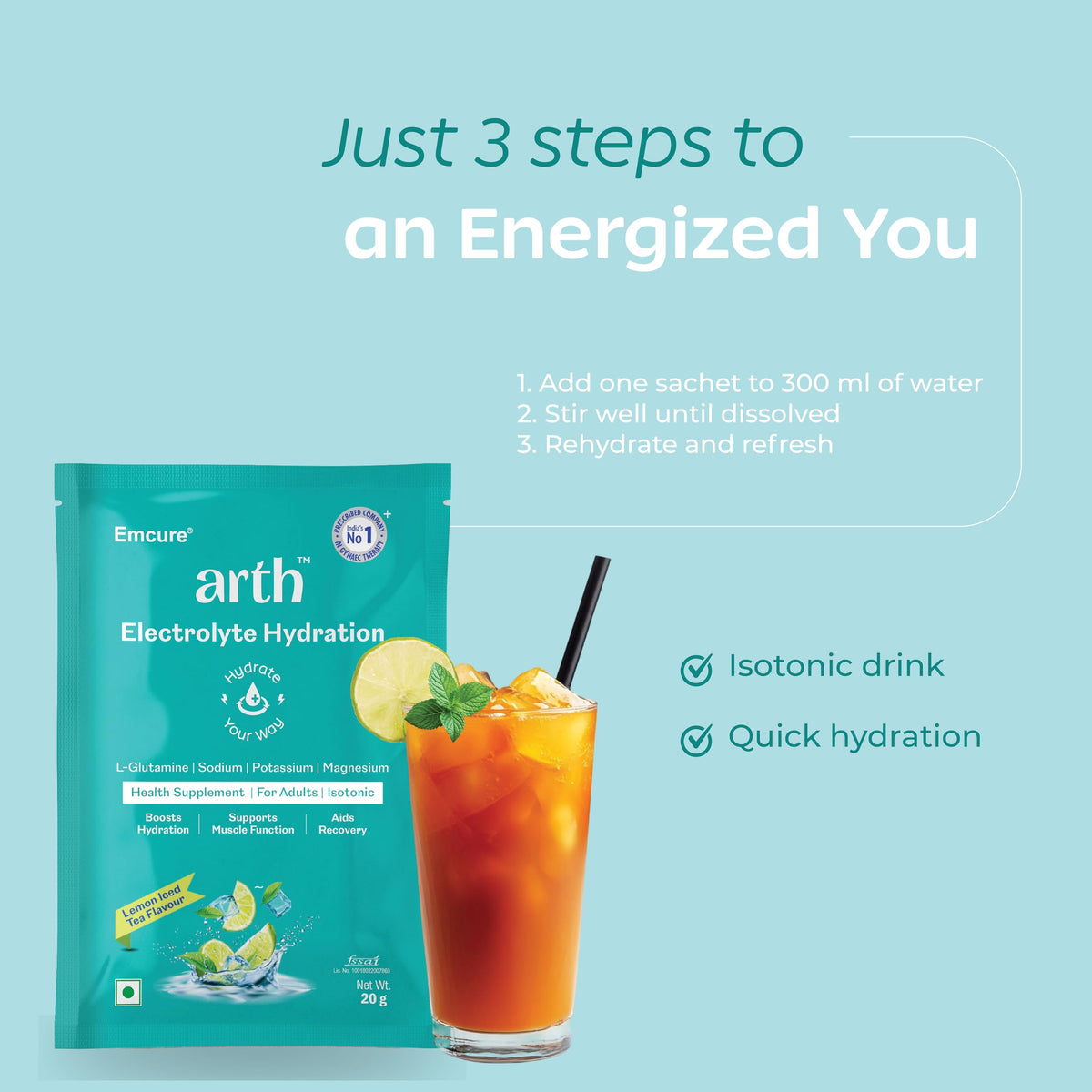 Arth Electrolyte Powder - Lemon Iced Tea Flavour | Grocsy