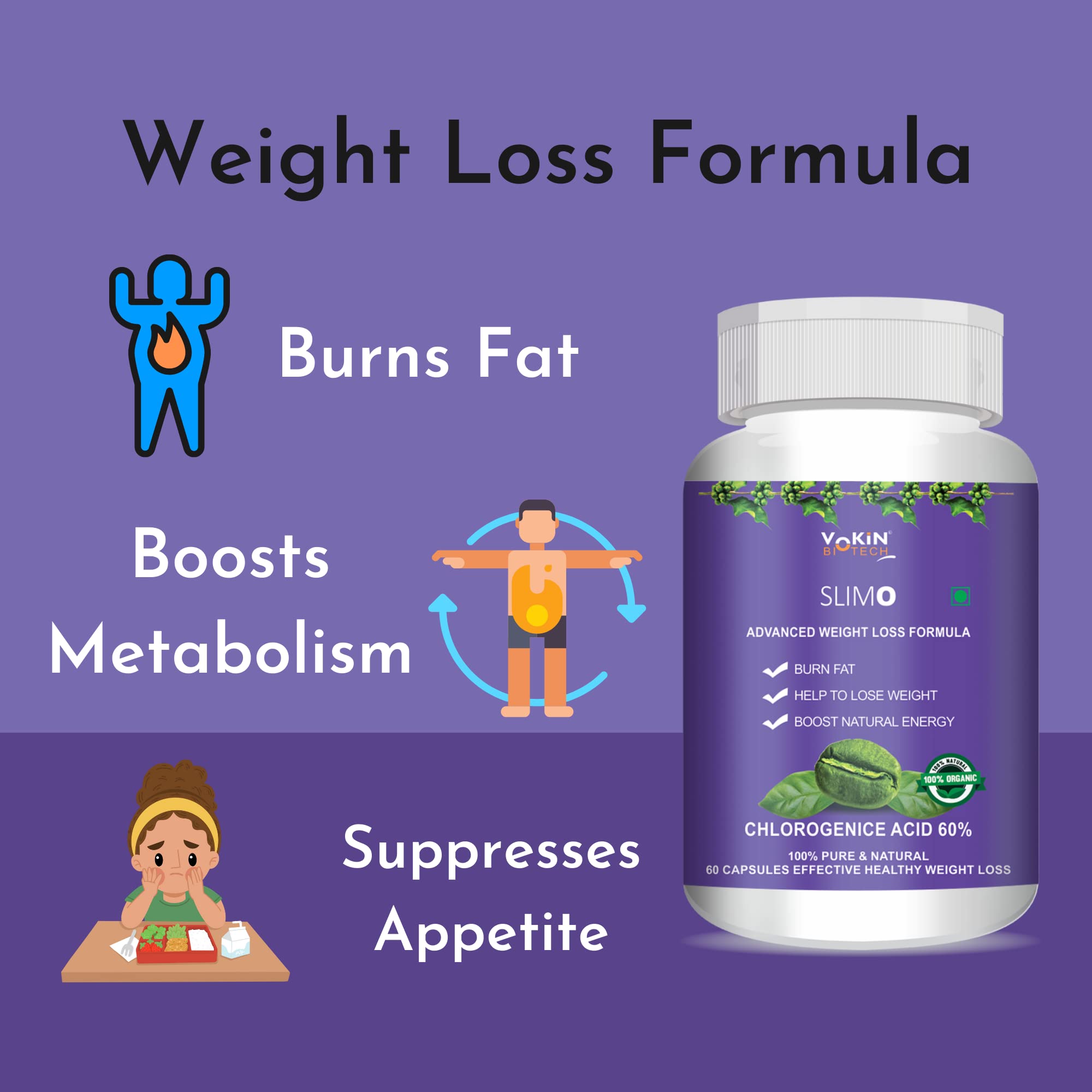 Vokin Biotech Slimo Advanced Weight Loss Formula with Green Coffee Extract 100mg and Garcinia Cambogia Extract 500mg Fat Burner for Men and Women | Grocsy