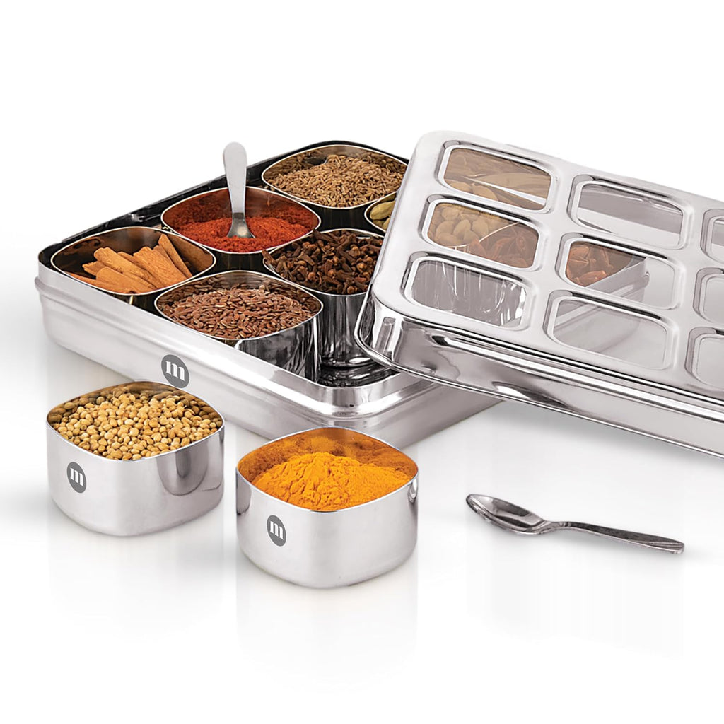 MARU Stainless Steel 9-in-1 Square Masala Dabba – Spice Box with 9 Round Containers | Grocsy