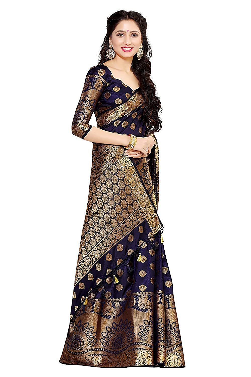 Mimosa Women's Kanchipuram Silk Saree With Unstitched Blouse Piece | Grocsy