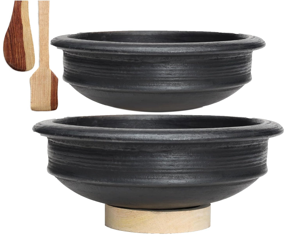 Craftsman India Online Deep Burned Uncoated Clay Pot for Cooking and serving Combo 1 & 2 Liter|Black | Grocsy