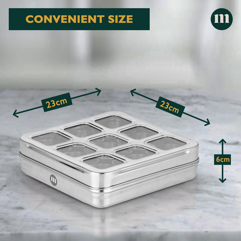 MARU Stainless Steel 9-in-1 Square Masala Dabba – Spice Box with 9 Round Containers | Grocsy