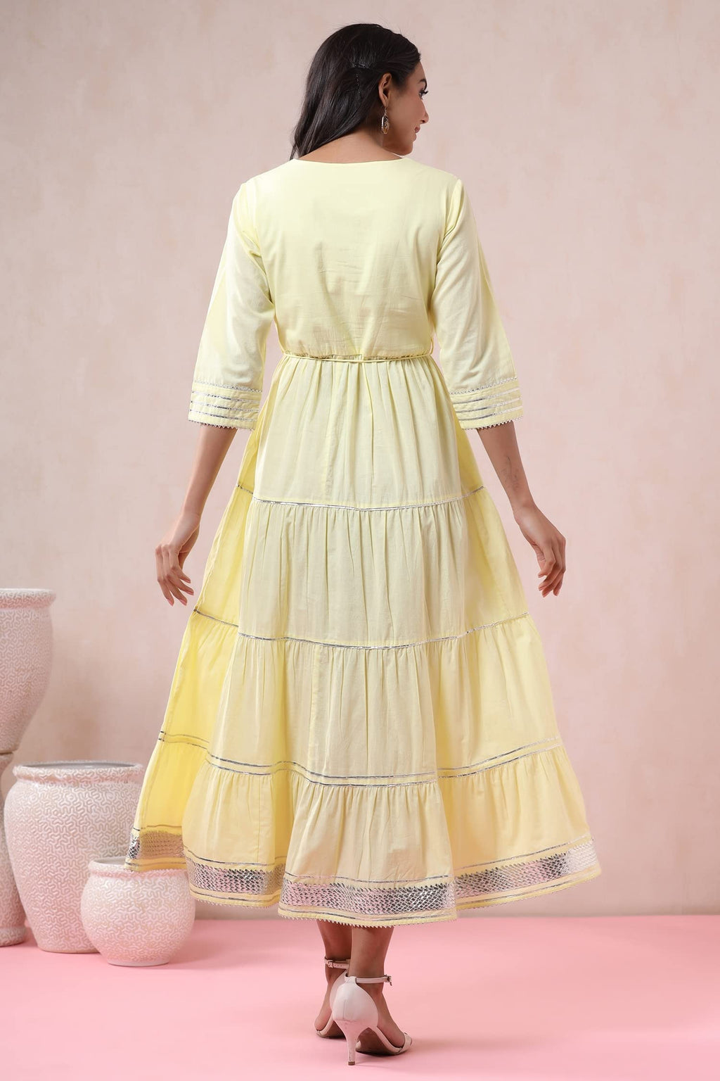 Juniper Women's Yellow Solid Pure Cotton Solid Tiered Maxi Dress With Gota Work Dori Tie-Up & Cushioned Tassels At Waist | Grocsy