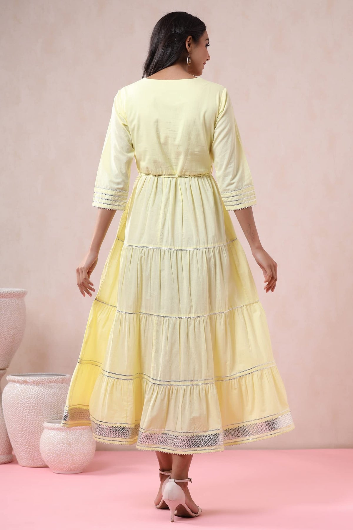 Juniper Women's Yellow Solid Pure Cotton Solid Tiered Maxi Dress With Gota Work Dori Tie-Up & Cushioned Tassels At Waist | Grocsy