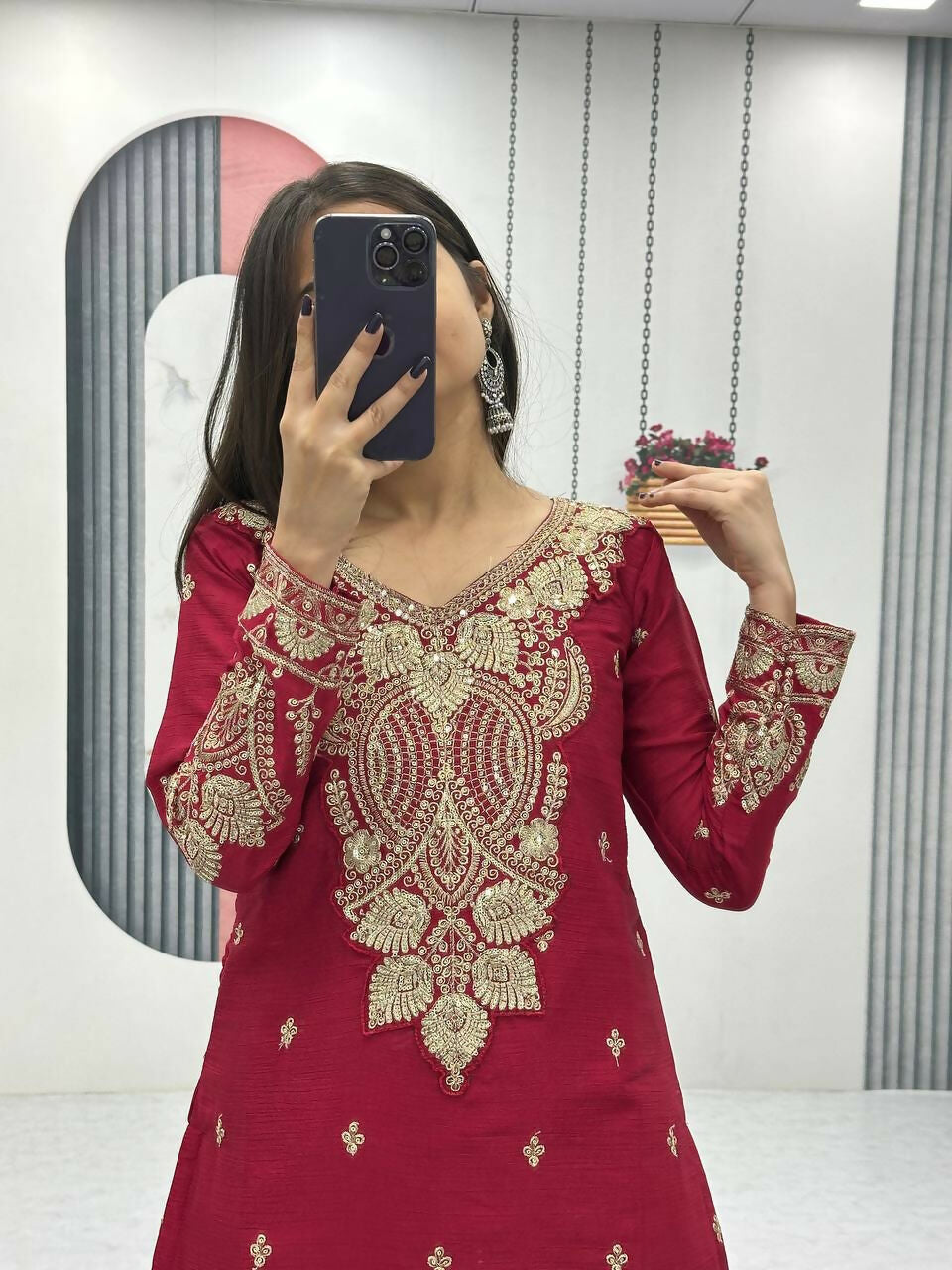 Teeya Creation Womens New Wedding Wear Heavy Embroidery Thread Work Maroon Kurta Set | Grocsy