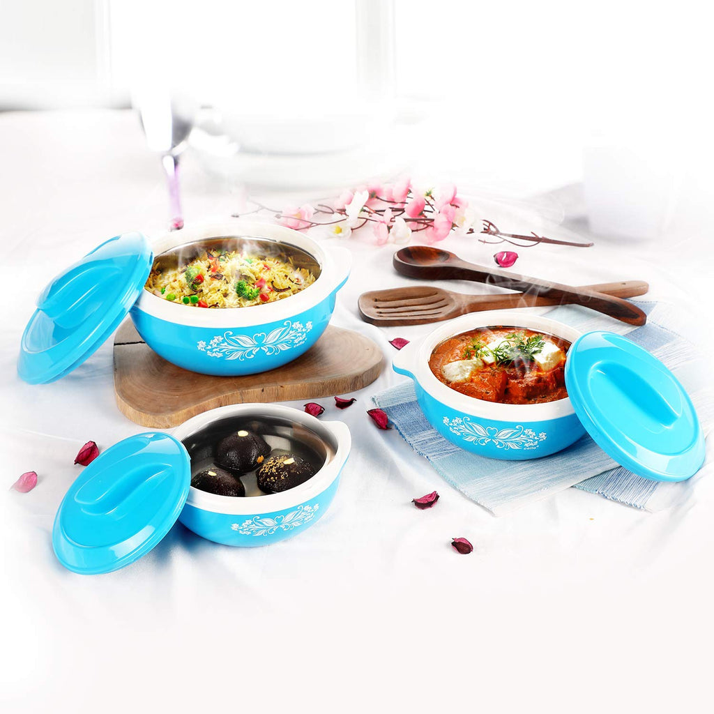 CELLO Hot Serve Insulated Inner Steel Casserole Set of 3, Blue (500ml, 850ml, 1500ml) | Hot Box for Kitchen | Hot Pot | Grocsy