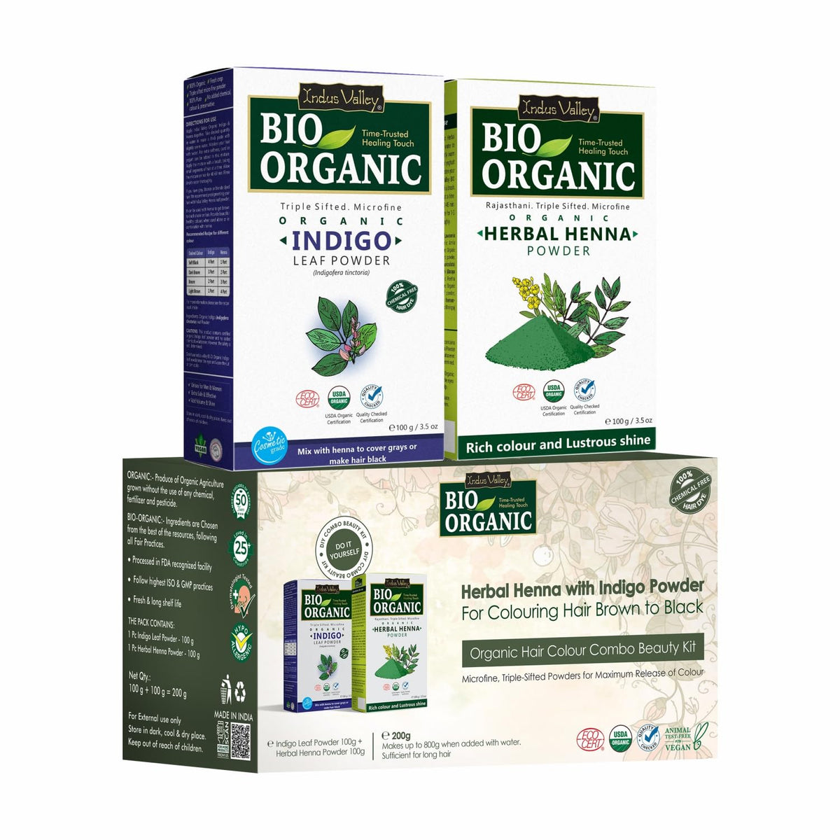 Indus Valley Bio Organic 100% Pure Indigo Powder & Herbal Henna Powder Hair Color Combo Kit for Natural Hair Dyeing - Black Indigo - 100 gm Each Without Preservatives | Grocsy