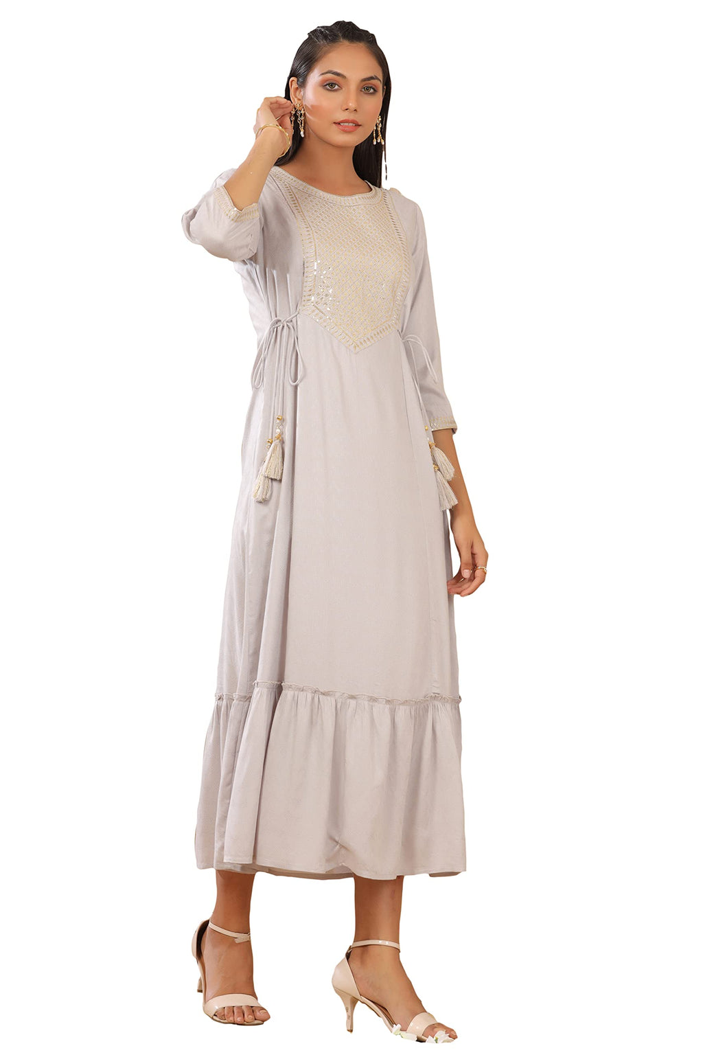 Juniper Women's Grey Zari Embroidered Rayon Dobby Maxi Dress | Grocsy