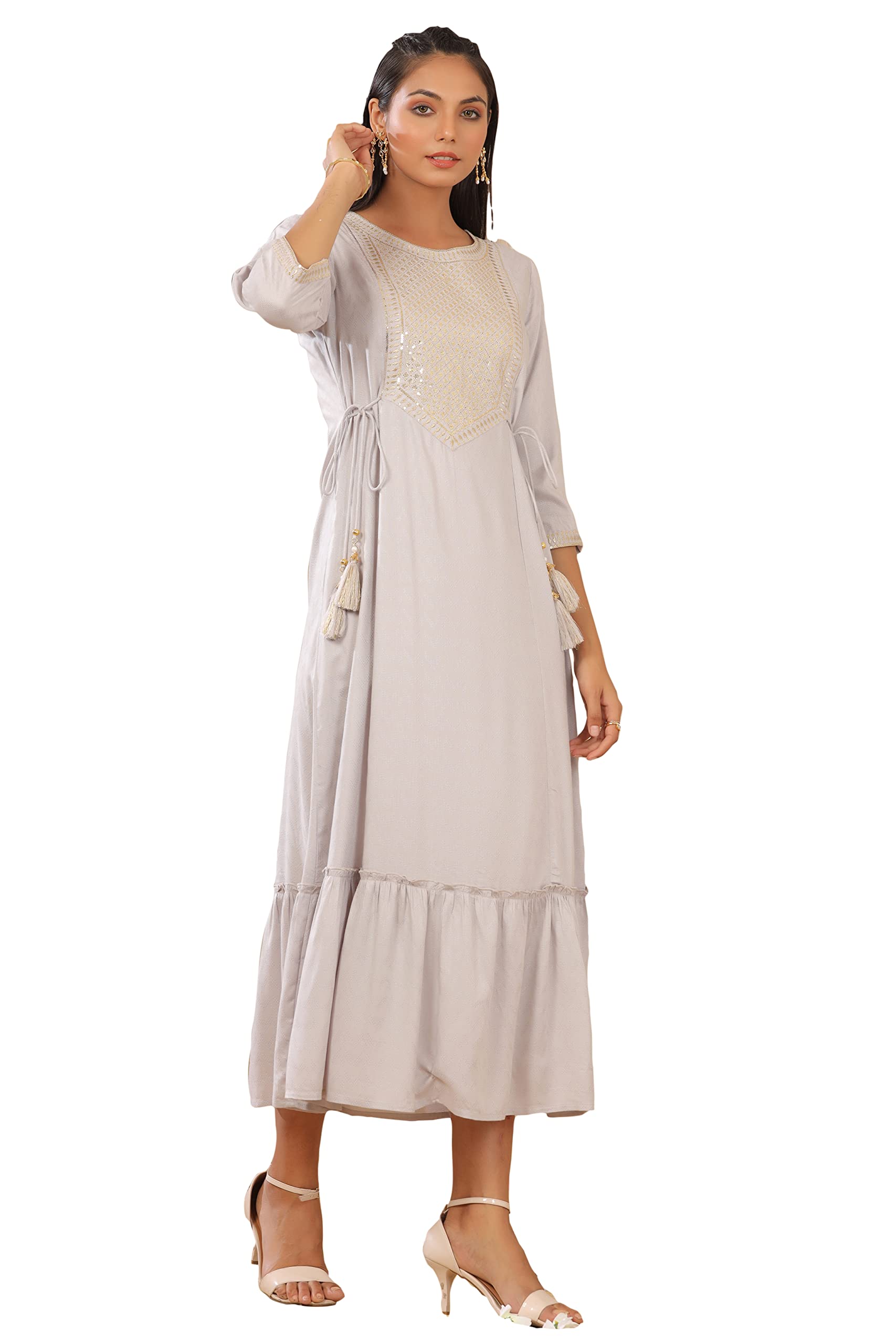 Juniper Women's Grey Zari Embroidered Rayon Dobby Maxi Dress | Grocsy